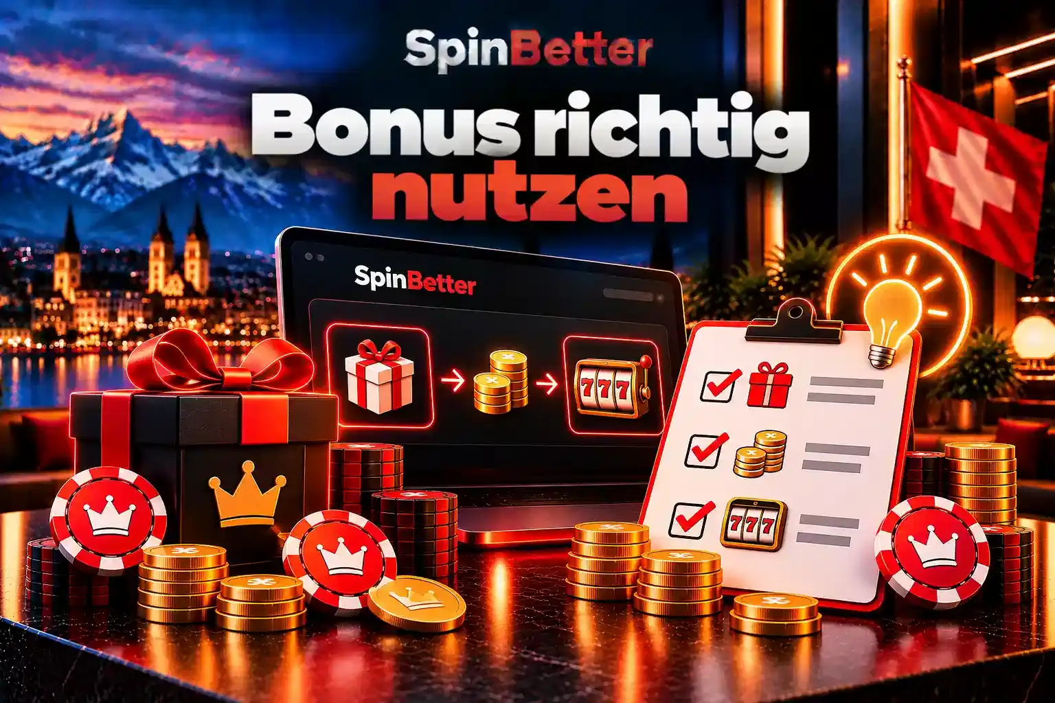 Checkliste mit Geschenk, Münzen und Slot als Reihenfolge für die richtige Bonusnutzung