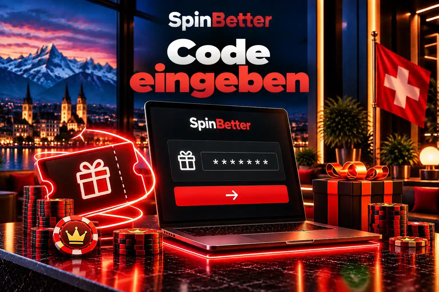 Laptop mit maskiertem Codefeld und Bestätigungsknopf neben einem Geschenkcoupon