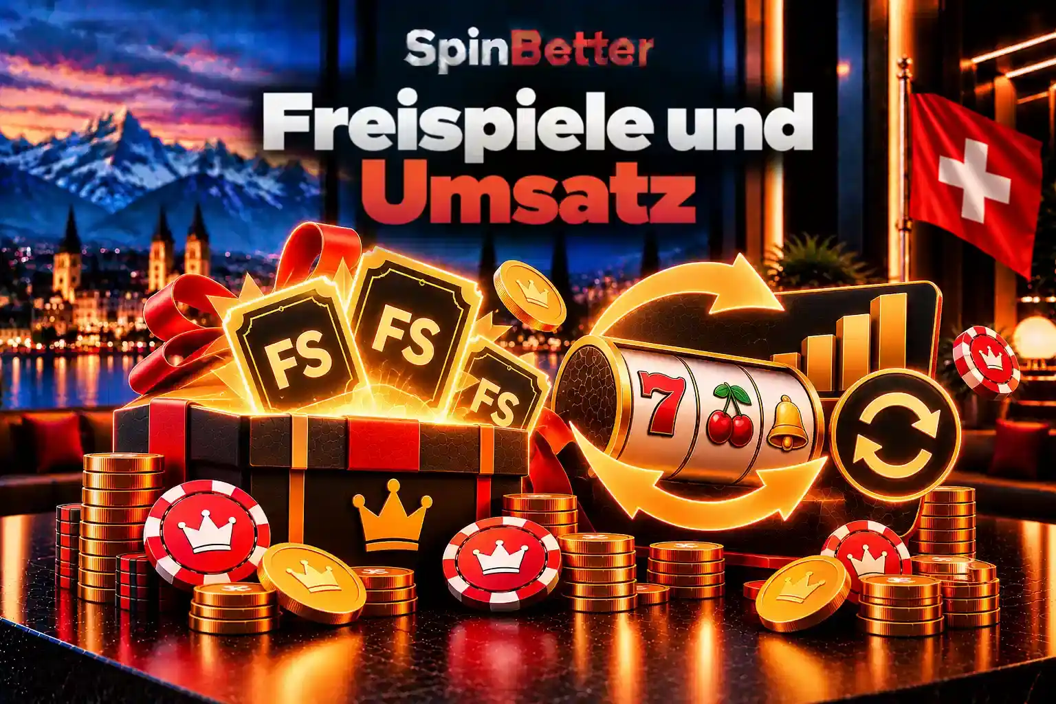 Geöffnete Box mit Freispiel-Tickets neben einem Slot mit Umlaufpfeilen als Sinnbild für den Umsatz