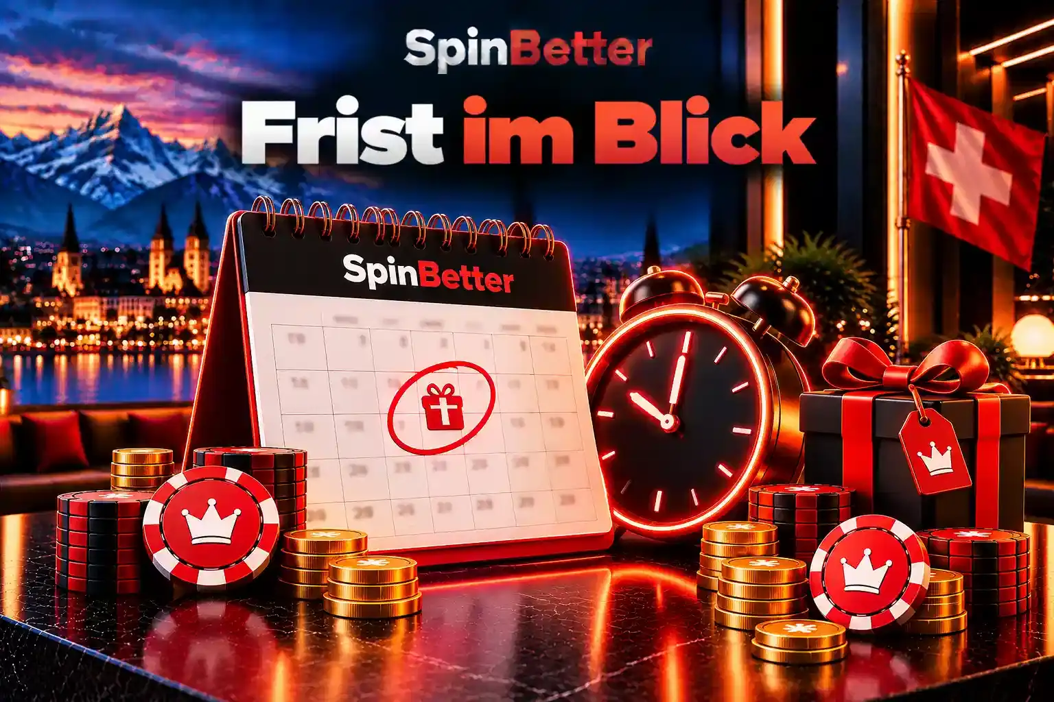 Tischkalender mit markiertem Geschenktag, Wecker und Geschenkbox mit Preisschild