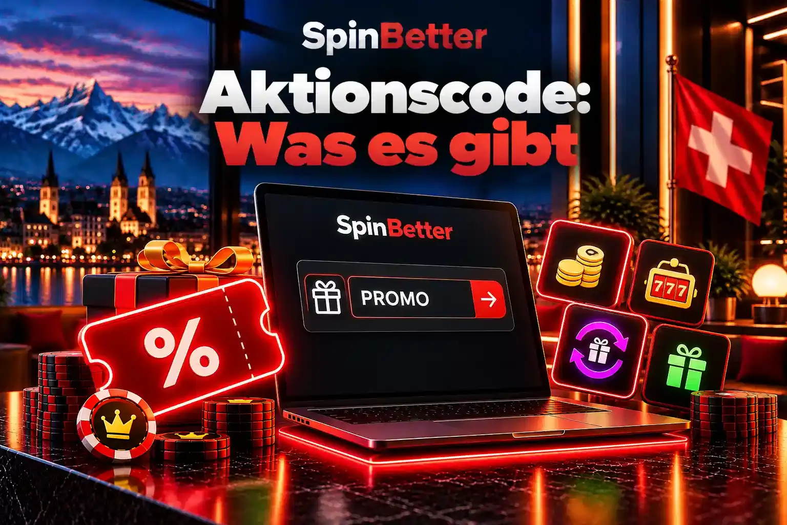 Laptop mit Eingabefeld für den Aktionscode, daneben Rabattcoupon und Bonus-Symbole