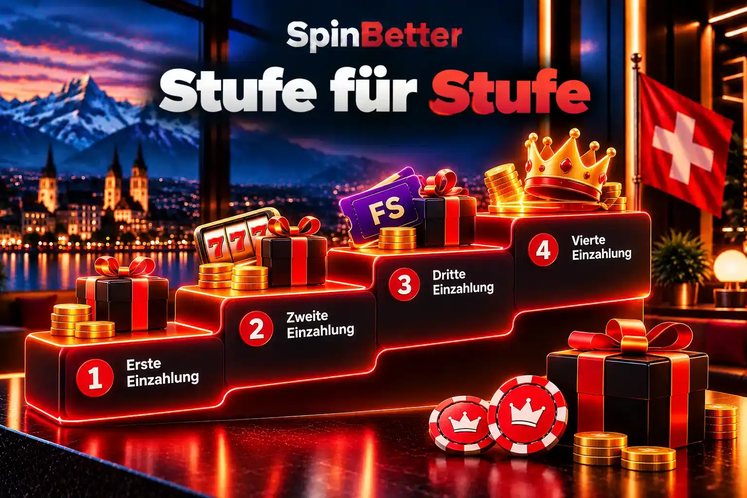 Vier Stufen einer Treppe mit Geschenken, Freispiel-Ticket und Krone für die vier Einzahlungen