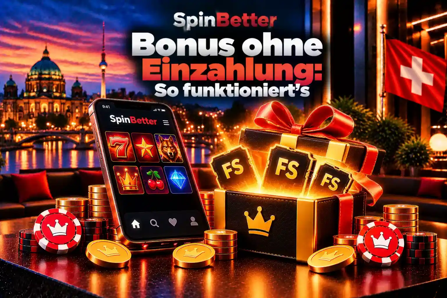 Smartphone mit Slot-Lobby und Geschenkbox voller Freispiele vor Schweizer Flagge