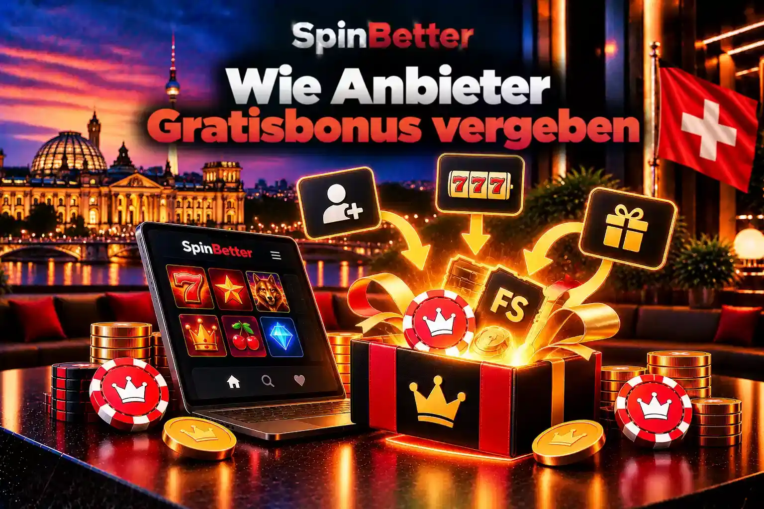Anmeldung, Slot und Geschenk als Wege zum Gratisbonus, dargestellt auf Laptop und Box